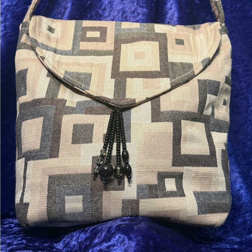 Suruchi Geometric Shoulder Bag in Beige and Brown Canvas with Beaded Tassel